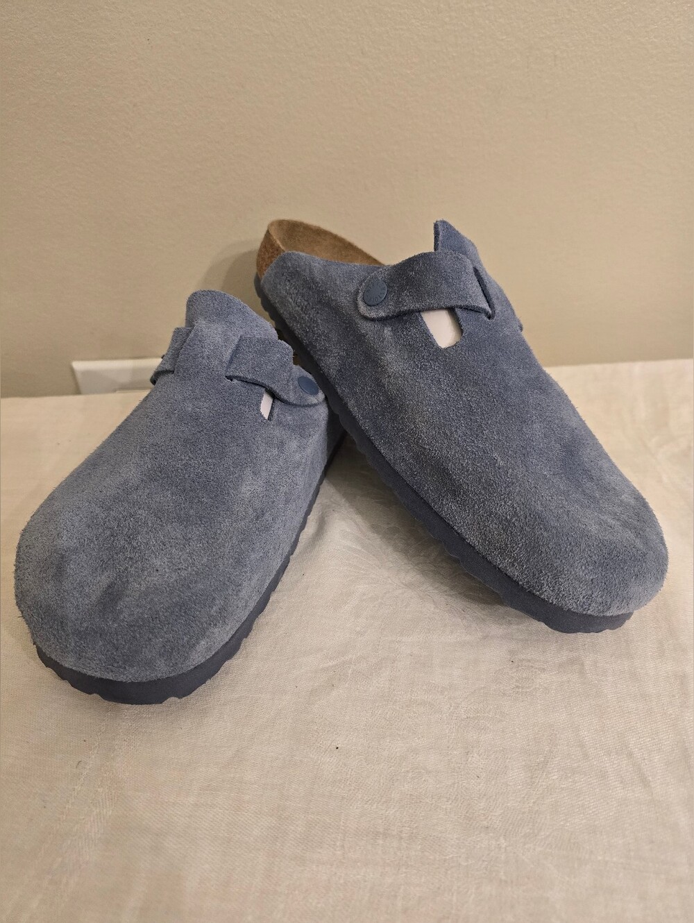 New Without Box- Light Blue Suede Birkenstock Boston Clogs Size 44- Soft Footbed